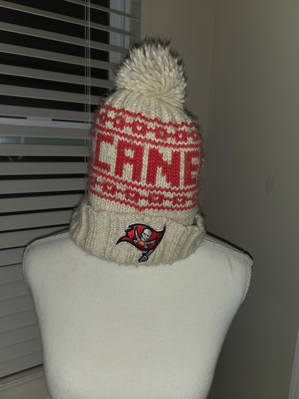 NFL Cream and Red Knit Pom Beanie with Buccaneers Logo